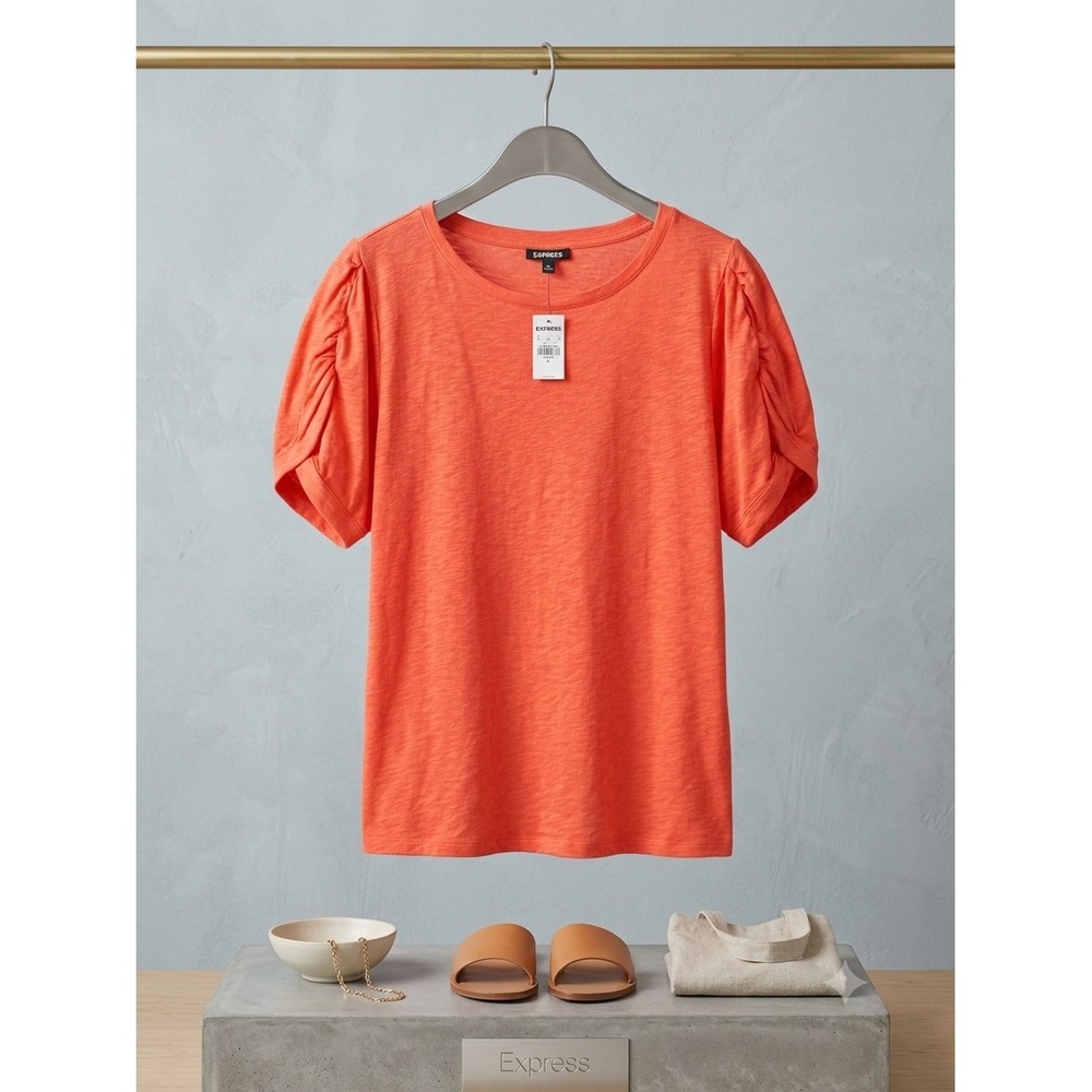 Express Women Coral Orange Cotton Modal Slub Knit Pleated Puff Sleeve Tee XL NWT